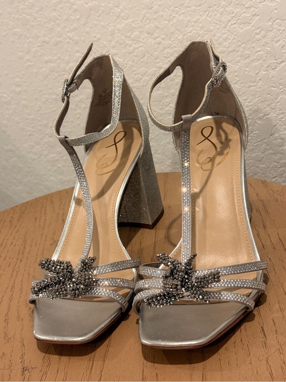 Sam Edelman Silver Crystal-Embellished T-Strap Block Heels